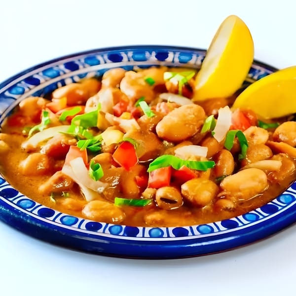 African stew with beans, tomatoes, onions, and green herbs, garnished with lemon wedges in a blue bowl.